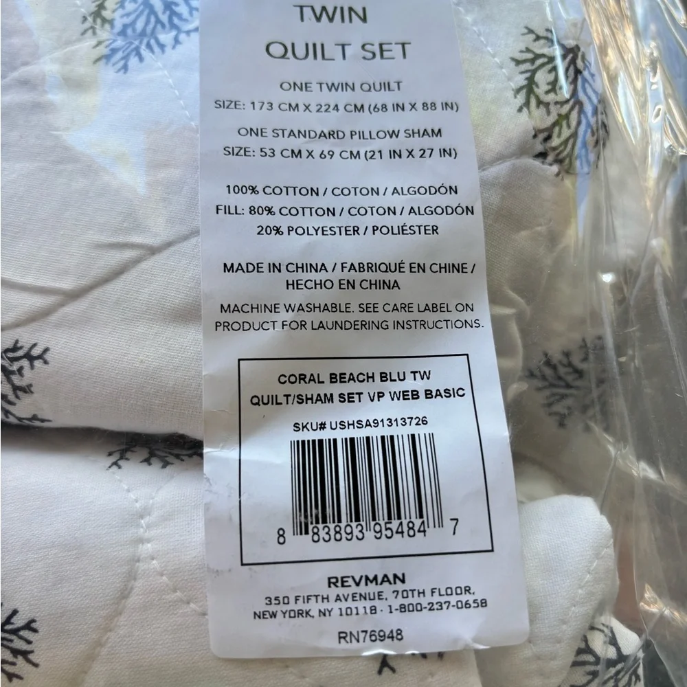 Nautica Coral Beach Blue Twin Quilt Set – 100% Cotton Coastal Bedding w/ Sham